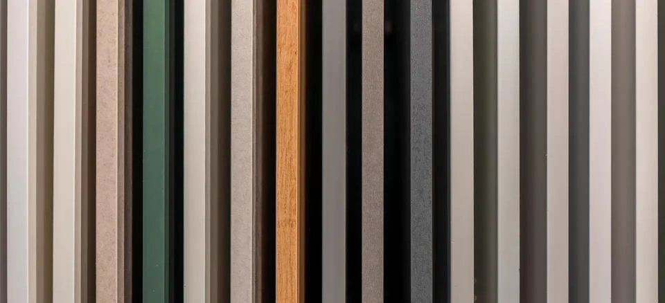 Vertical kitchen cabinet samples with textures and colors. Modern furniture.. Stock Photos
