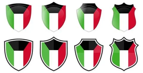 Vertical Kuwait flag in shield shape, four 3d and simple versions. Vertica... Stock Photos