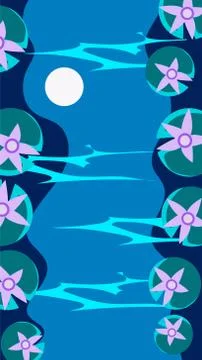 Vertical Landscape Illustration, River Reflection with Leaves and Water Lillies Stock Illustration