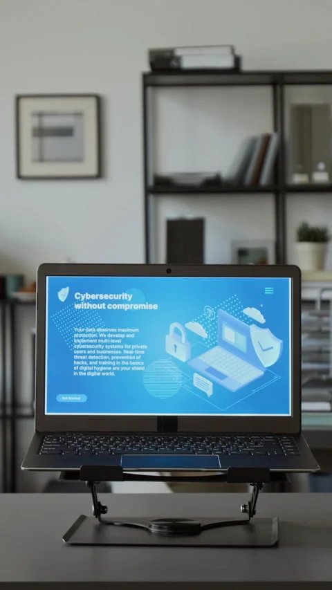 Vertical of Laptop Displaying Cybersecurity Software on Office Desk Stock Footage 348140336