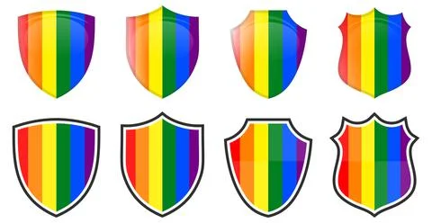 Vertical LBGT movement flag in shield shape, four 3d and simple versions. Div Ilustración de archivo