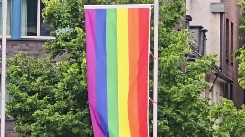 Vertical LGBT pride rainbow flag waving on a flagpole against urban backgroun Stock Footage 345684860