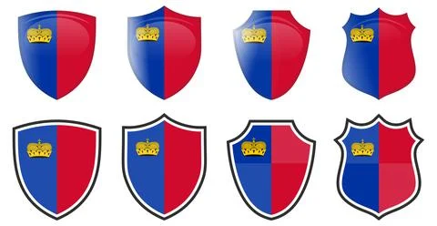 Vertical Liechtenstein flag in shield shape, four 3d and simple versions. Stock Illustration