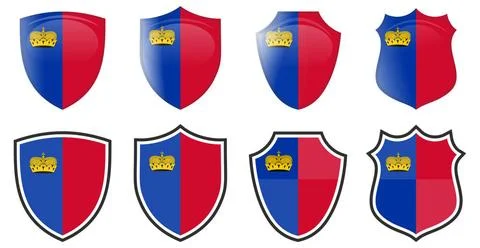 Vertical Liechtenstein flag in shield shape, four 3d and simple versions. ... Stock Photos