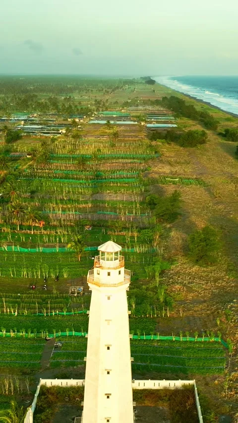Vertical lighthouse view beside beach and farmland Stock Footage 335432549