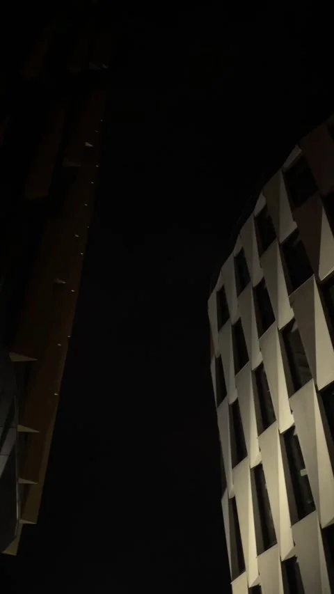 Vertical lines and dark sky create dramatic architectural scene at night Stock Footage 335434023