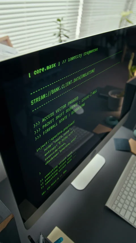 Vertical of Lines of Source Code Running on Computer Monitor in Office Setting Stock Footage 329616224