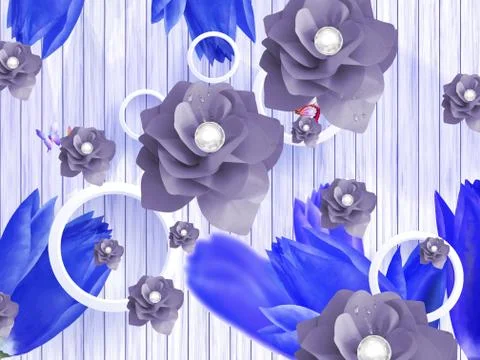 Vertical lines, white rings, gray and blue paper flowers, pearls, butterflies Stock Illustration