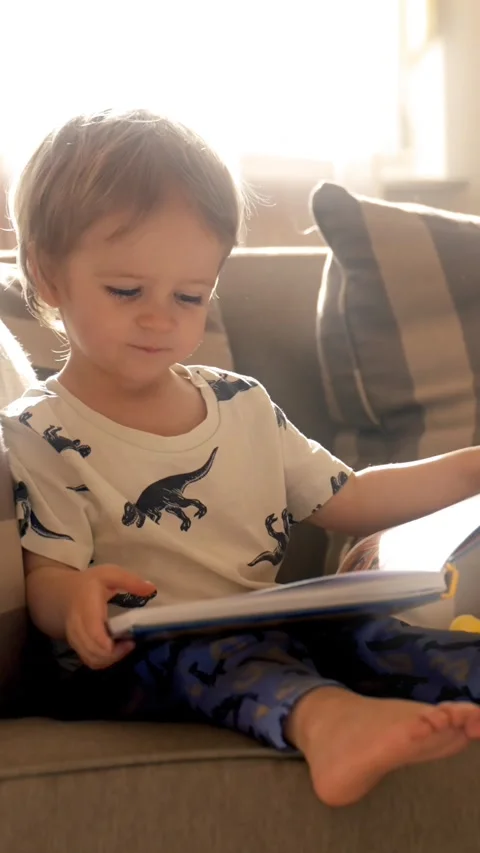 Vertical of Little Boy Reading Book on Couch Stock Footage 274145451