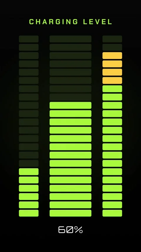 Vertical loading scale level meter segments lighting up in lime on black Stock Footage 348617969