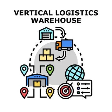 Vertical logistics warehouse managing global supply chain distribution Stockillustratie