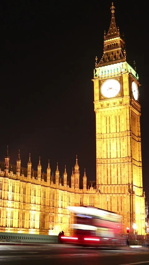 Vertical London Big Ben Timelapse with Traffic Light Trails at Night Stock Footage 328667888