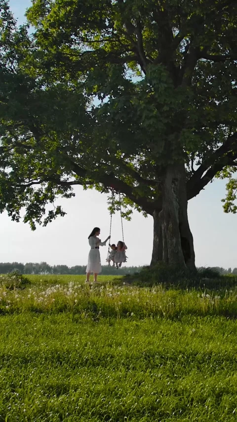 Vertical of Lonely beautiful big tree and tiny silhouettes of mom with two 스톡 동영상 276932681