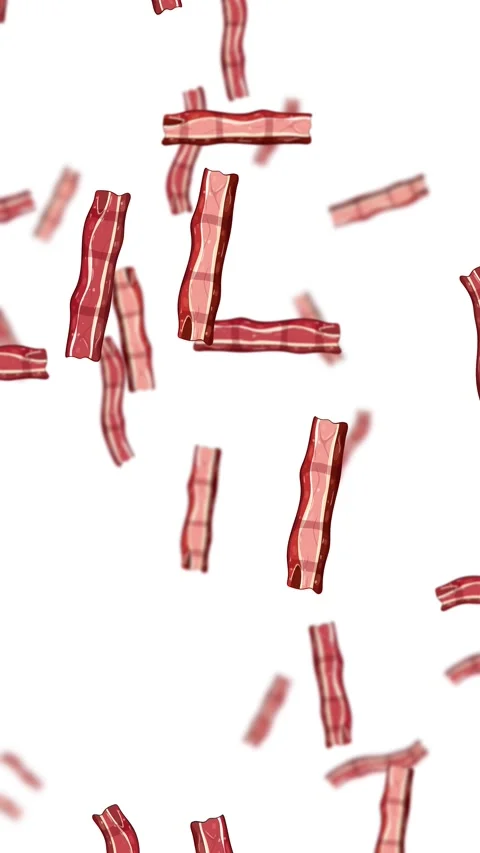 Vertical Loop of Cartoon Bacon Slices Falling on White Stock Footage 324839112