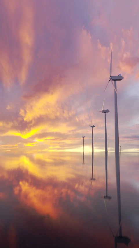 Vertical loopable offshore wind farm in open sea during sunset Stock Footage 253566529