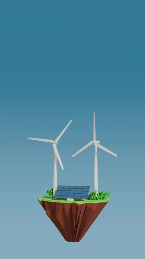 Vertical looping animation of wind turbine, solar panel and grass, floating rock Stock Footage 308725592
