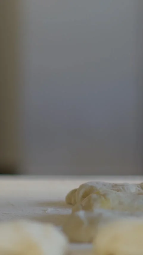 Vertical low-angle close-up of raw dough resting on floured work surface in Vidéo 344573842