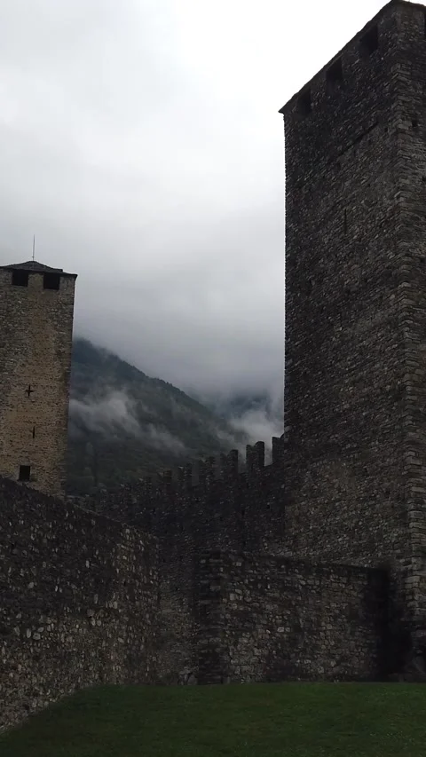 Vertical Low Angle Inside Castel Grande Castle Bellinzona Switzerland Misty Stock Footage 332483144