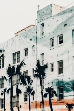 Vertical low-angle shot of architecture with palm trees on the side Stock Photos