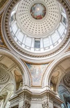 Vertical low angle shot of ceiling of the Pantheon monument from inside in Paris Stock Photos