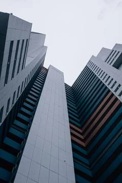 Vertical low-angle shot of the modern building facades. Fotos de archivo