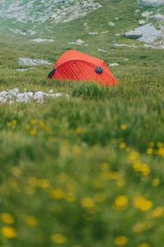 A vertical low angle shot of a red hiking tent in the mountains - perfect for Stock Photos