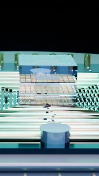Vertical Low Angle View of Neon Traces on Dark PCB, Vertical Photo Stock Photos