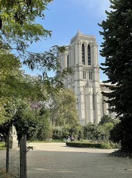 Vertical low angle view of the Notre de Dame in Paris France Stock Photos