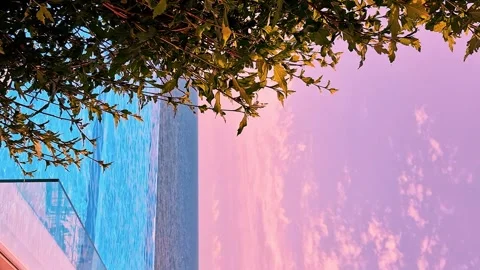 Vertical, Luxury Resort Hotel with Infinity Swimming Pool with Amazing Sunset Se Video stock 291254199