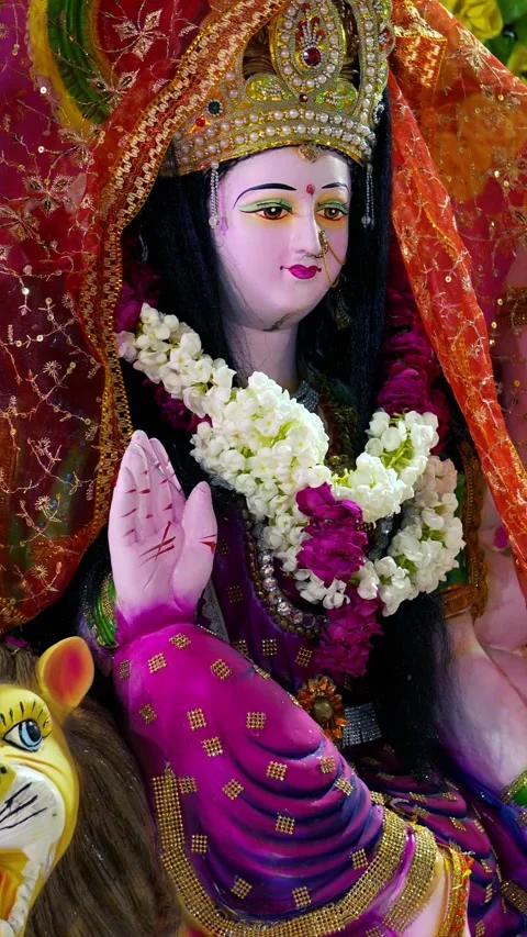 Vertical Maa Durga Statue Decorated with Flowers Stock Footage 320363104