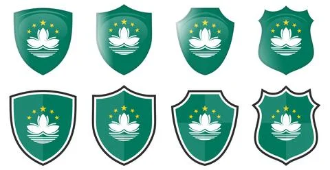 Vertical Macao flag in shield shape, four 3d and simple versions. Macau icon  Stock Illustration