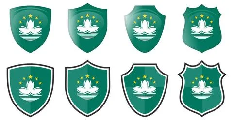 Vertical Macao flag in shield shape, four 3d and simple versions. Macau ic... Stock Photos