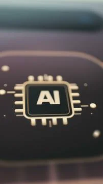 Vertical macro animation centers a glowing AI processor button on a dark 库存照片