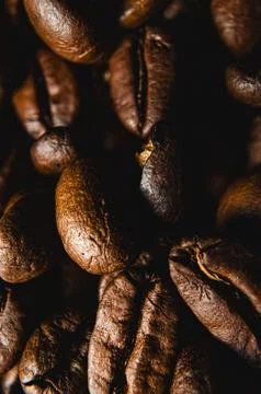 Vertical Macro Closeup Selective Focus: Roasted Coffee Beans Detail, Textur.. Stock Photos