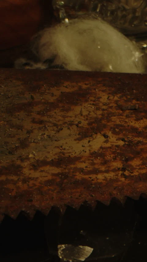 Vertical macro Dolly of a rusty and filthy saw at the base of an occult altar Stock Footage 336321369
