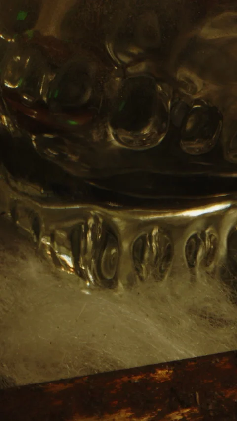 Vertical macro dolly of the teeth of a glass skull at an occult altar whit Stock Footage 336001730