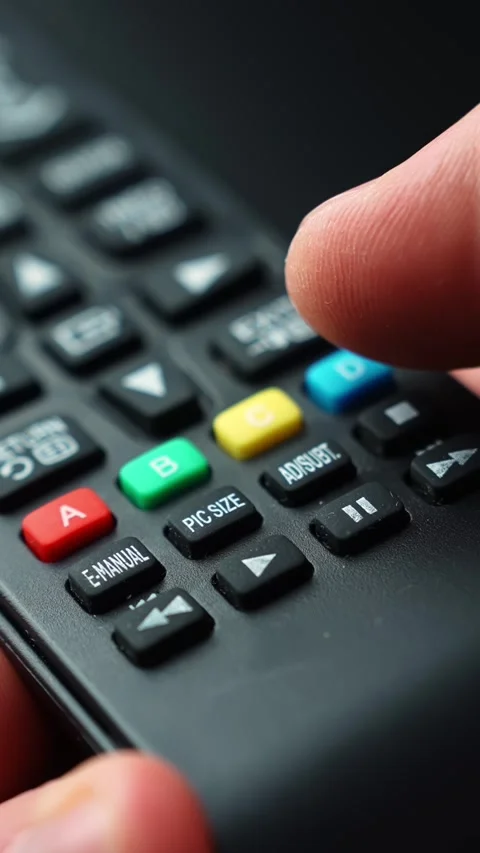 Vertical macro of a hand tapping the rewind button on a TV remote, highlighting Stock Footage 332456682