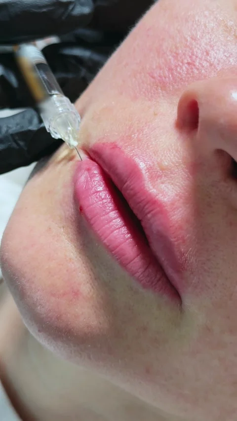 Vertical Macro Lip Injection for Volume Correction Stock Footage 317557116