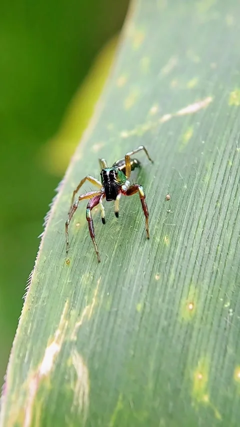 Vertical Macro Shot of Metallic Jumping Spider Crawling on Green Leaf in Slowmo Stock Footage 346979075