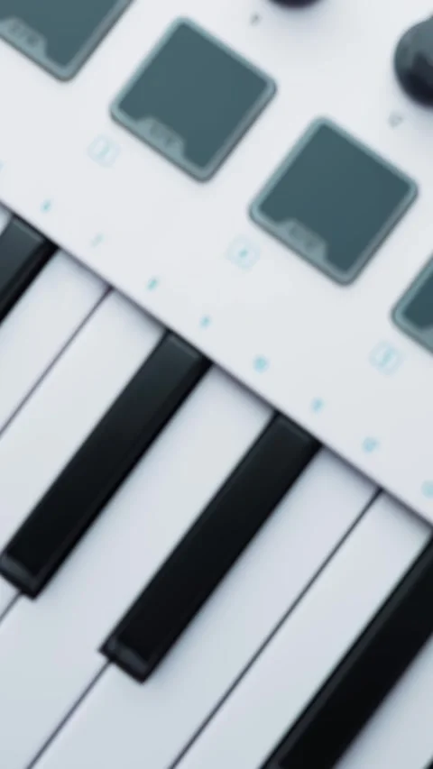 Vertical macro shot of MIDI keyboard controller with drum pads and knobs, ideal 스톡 동영상 329607993