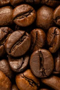 Vertical Macro Shot of Single Roasted Coffee Beans Texture Stock Photos