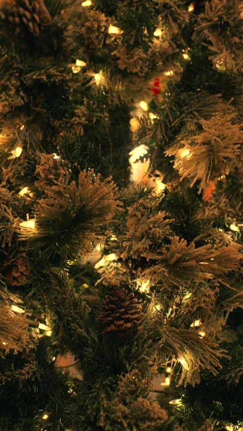 Vertical macro shot of snowy Christmas tree with warm lights Stock Footage 321720342