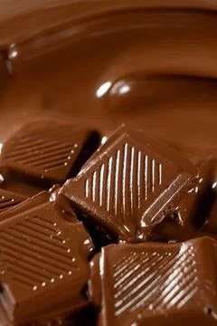 Vertical macro view of chocolate bar pieces in melted chocolate pool Stock Photos