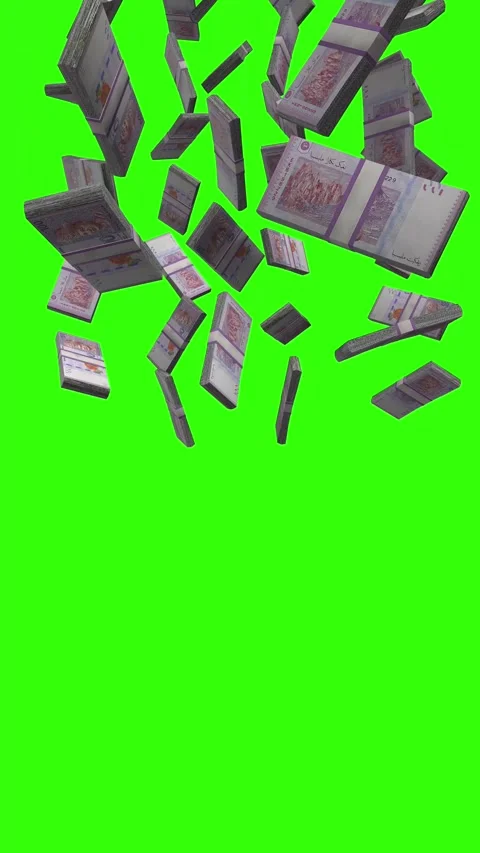 Vertical Malaysian Ringgit Falling Animation Stacks Of Money on Green Screen Stock Footage 302587852