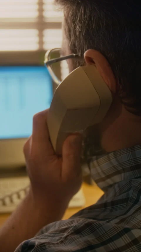 Vertical of Man Answering Telephone Call while Working on Vintage Computer Stock Footage 327239738