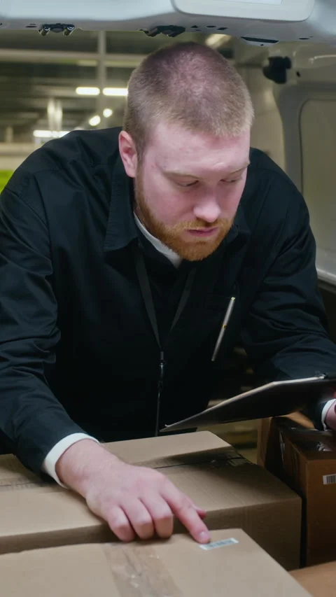 Vertical of Man Checking Cardboard Boxes in Storage and Writing on Clipboard Stock Footage 340282562