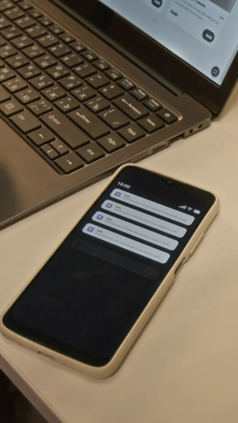 Vertical of Man Grabbing Smartphone with Push Notifications near Laptop Stock Footage 344873287