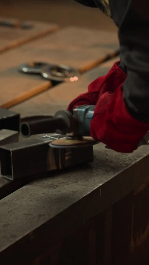 Vertical of Man Grinding Metal with Angle Grinder in Industrial Workshop Stock Footage 342498192