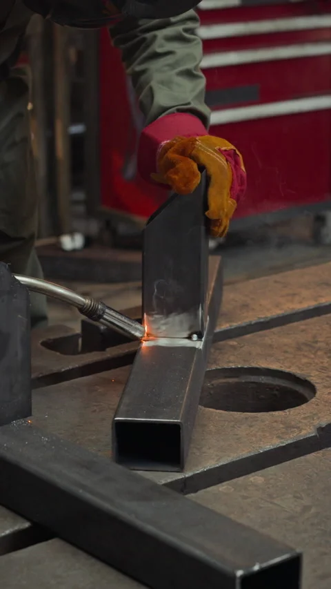 Vertical of Man in Protective Mask Welding Metal Parts in Workshop Stock Footage 342498198