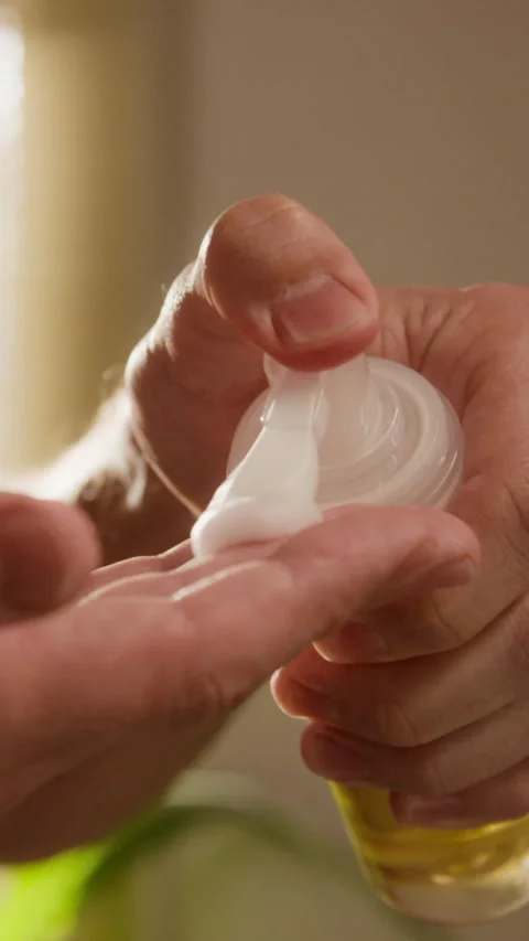 Vertical of Man Pumping Cosmetic Cleansing Foam from Bottle Onto Palm Stock Footage 342728569